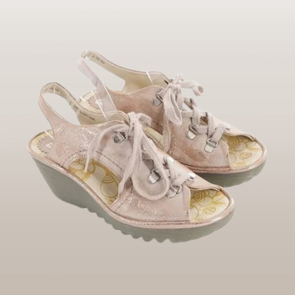 Fly London Women's Leather Antic Gold Wedge Lace Up Sandals Size 38/US 7.5